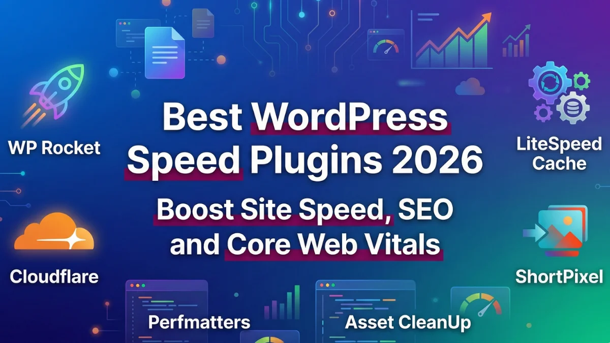 Vibrant image displaying top WordPress speed plugins with icons and text for 2026 website optimization